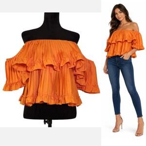 STRUT & BOLT NWT Orange Pleated Ruffle Off The Shoulder Top, Size Large